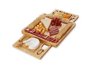Casafield Organic Bamboo Cheese Board and Knife Gift Set - Charcuterie Platter Wooden Serving Tray for Meat, Fruit, Crackers with 2 Slide-Out Snack Trays and 4 Stainless Steel Knives