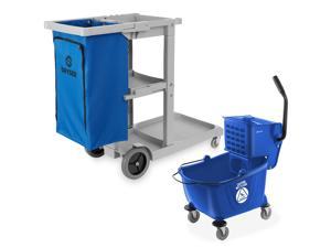 Dryser Commercial Janitorial Cleaning Cart on Wheels with Shelves and Vinyl Bag & Commercial Mop Bucket with Side Press Wringer, 26 Qt. Blue