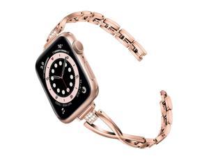 Band For Apple Watch 41Mm 40Mm 38Mm Women, Slim X-Link Stainless Steel & Bling Diamond Watchband Rose Gold Strap For Iwatch Apple Watch Se Series 7 6 5 4 3 2 1 41Mm 40Mm 38Mm