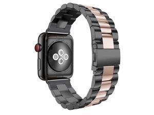 For Apple Watch Band 42Mm, 42Mm Iwatch Band Stainless Steel Replacement Band Wrist Bands With Durable Folding Metal Buckle Clasp For 42Mm Apple Watch Band Series 3/2/1 - Black/Rose Gold