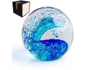 Hand Blown Ocean Wave Bubble Glass Paperweight(Present A Gift Box) Art K9 Glass Crystal Figurines,Home Decor Collectible Statue(3.2 Inch Light Blue)