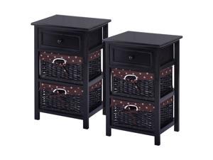 Costway Set OF 2 Night Stand 3 Tier 1 Drawer Bedside End Table Organizer Wood W2 Basket