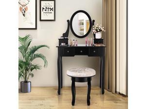 Costway Vanity Table Makeup Table Cushioned Mirror 5 Drawers Black Costway Vanity Table Makeup Table Cushioned Mirror 5 Drawers Black