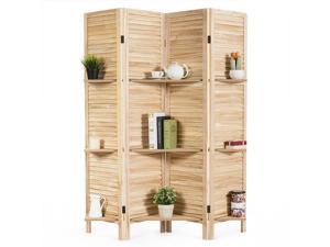Costway 4 Panel Folding Room Divider Screen W/3 Display Shelves 5.6 Ft Tall Natural