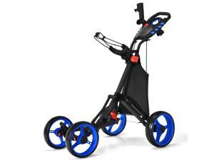 Goplus Folding 4 Wheels Golf Push Cart W/Bag Scoreboard Adjustable Handle Blue