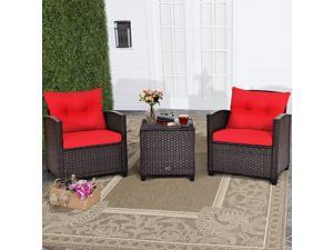 Costway 3PCS Patio Rattan Furniture Set Cushioned Conversation Set Sofa Coffee Table Red