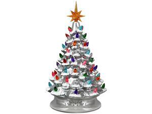Costway 15''Pre-lit Hand-Painted Ceramic Tabletop Christmas Tree Silver