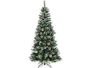 Costway 8 ft Snow Flocked Artificial Christmas Hinged Tree w/ Pine Needles & Red Berries
