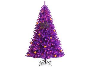 Costway 7ft Pre-lit Purple Halloween Christmas Tree w/ Orange Lights Pumpkin Decorations