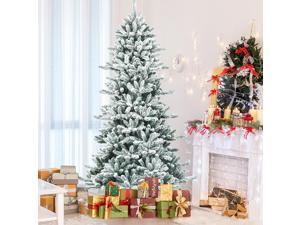 Costway 7Ft Premium Hinged Snow Flocked Slim Artificial Christmas Fir Tree w/ Pine Cones