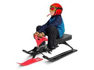 Costway Metal Snow Racer Sled w/Steering Wheel and Brakes Kids Snow Sand Grass Sliding Black & Red
