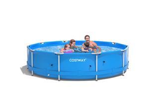Costway Round Above Ground Swimming Pool Patio Frame Pool W/ Pool Cover Iron Frame Blue