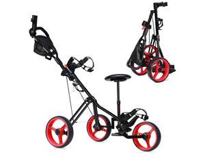 Costway Foldable 3 Wheel Push Pull Golf Club Cart Trolley w/Seat Scoreboard Bag Red