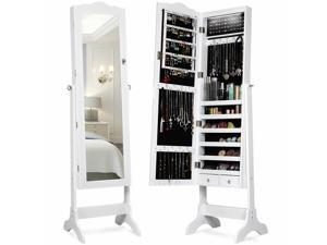 Jewelry Mirrored Cabinet Armoire Storage Organizer w/Drawer & Led Lights White Jewelry Mirrored Cabinet Armoire Storage Organizer w/Drawer & Led Lights White