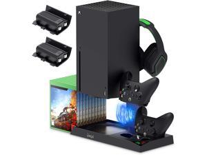Vertical Stand for Xbox Series X with Cooling Fan, Charging Station Dock for Xbox Series X Controller with 10 Game Storage Organizer, Gaming Headset Stand and 2X1400 mAh Rechargeable Battery Packs