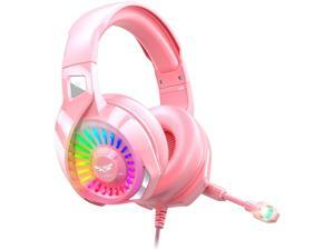 Nivava K7 Pro Pink Gaming Headset for PS4, PS5, PC, Xbox One Headset with Noise Cancelling Microphone Colorful Marquee Light & Soft Earmuffs, Compatible with Nintendo Switch, Mac, Computer, Laptop