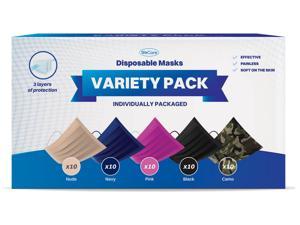 WeCare Disposable Face Mask, 3-Ply with Ear Loop (50 Individually Wrapped) - 10x Black, 10x Nude, 10x Pink, 10x Camo Green, 10x Navy Blue