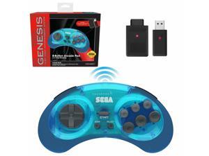 Retro-Bit Sega Genesis 2.4 GHz Wireless Controller 8-Button Arcade Pad for Sega Genesis Original/Mini, Nintendo Switch, PC, Mac – Includes 2 Receivers & Storage Case - Clear Blue