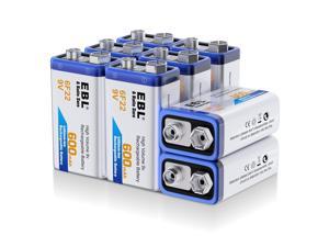 EBL 6F22 9V 600mAh Lithium-ion Battery 9 Volt Rechargeable Batteries for Alarm-Clocks, LCD-TVs Devices (8 Pack)