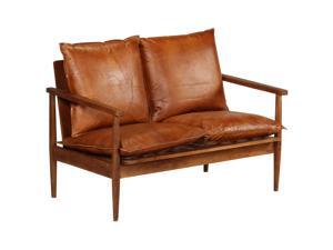 vidaXL 2-Seater Sofa Real Leather with Acacia Wood Brown Chair Seat Furniture vidaXL 2-Seater Sofa Real Leather with Acacia Wood Brown Chair Seat Furniture
