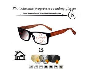 Photochromic Gray Progressive Multifocal Reading Glasses for Men Women Ultralight Rectangular Wooden Frame +0.75 To+4.0