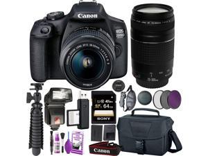 Canon EOS 2000D (Rebel t7) DSLR Camera and EF-S 18-55 mm f/3.5-5.6 IS II Lens + 75-300mm Telephoto Zoom Lens + 64GB Memory Card + Camera Bag + Cleaning Kit + Table Tripod + Flash Canon EOS 2000D (Rebel t7) DSLR Camera and EF-S 18-55 mm f/3.5-5.6 IS II Lens + 75-300mm Telephoto Zoom Lens + 64GB Memory Card + Camera Bag + Cleaning Kit + Table Tripod + Flash