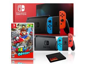 Nintendo Switch with Neon Blue and Red JoyCon Bundle with Super Mario Odyssey