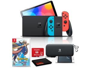 Nintendo Switch OLED Neon BlueRed with Pokemon Sword 128GB Card and More