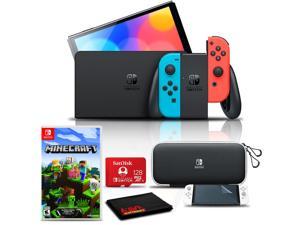 Nintendo Switch OLED Neon BlueRed with Minecraft 128GB Card Case Bundle