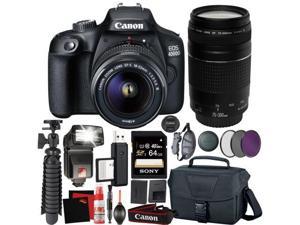 Canon EOS 4000D DSLR Camera and EFS 1855 mm f3556 IS III Lens  75300mm Telephoto Zoom Lens  64GB Memory Card  Camera Bag  Cleaning Kit  Table Tripod  Flash  Filters  Battery