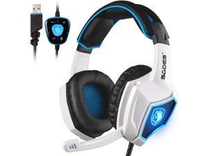 Gaming Headset Surround Stereo Sound USB Computer Gaming Headphone with Microphone,Over-the-Ear Noise Isolating Headsets,Breathing LED Light for PC Gamers (Blue White)