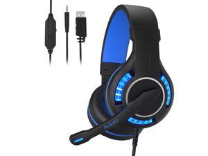 Gaming Headset Surround Stereo Sound USB Computer Gaming Headphone with Microphone,Over-the-Ear Noise Isolating Headsets,Breathing LED Light for PC Gamers (Black Blue)