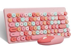 Wireless Mini Keyboard and Mouse Combo Colorful Retro Round Key Caps 2.4GHz Computer Keyboards 86 Keys with Mouse for PC/Computer/Laptop/Desktop/Note/Mac(Pink-Colorful)