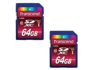 Two Transcend 64GB SDXC Class 10 UHS-1 Flash Memory Cards Up to 60MB/s TS64GSDU1 Two Transcend 64GB SDXC Class 10 UHS-1 Flash Memory Cards Up to 60MB/s TS64GSDU1