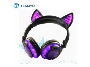 Teamyo Bluetooth Earphone Cat Ear Wireless Headphones microphone Flashing Glowing Headset With LED Light For PC Laptop Adult Kid