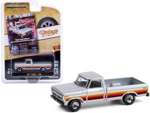 1977 Ford F-150 Pickup Truck Silver with Stripes "Vintage Ad Cars" Series 4 1/64 Diecast Model Car by Greenlight 1977 Ford F-150 Pickup Truck Silver with Stripes "Vintage Ad Cars" Series 4 1/64 Diecast Model Car by Greenlight