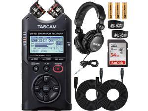 Tascam DR-40X Four-Track Digital Audio Recorder and USB Audio Interface Bundle with Tascam TH-02 Studio Headphones and Sandisk Ultra 64GB Memory Card Including 2X Mophead XLR Cables and Ties