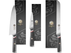 Kessaku 8-Inch Chef, 9-Inch Bread, 4-Inch Paring - Spectre Series Knife Set - Forged High Carbon Japanese AUS-8 Stainless Steel - Pakkawood Handle with Blade Guards