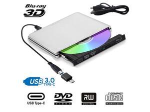 External Blu Ray Drive Type-C CD DVD Drive Ultra Slim USB3.0 Blu-ray Burner Writer Player for Laptop Desktop PC Windows 10/8/7 MacBook Mac Linux OS Apple , Silver