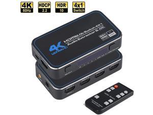 4K60Hz HDMI Switch 4 in 1 Out wIR Remote Control 4 Port Switcher Selector Box Audio Extractor with Optical 35mm Stereo Audio Out for Supports Ultra HD Dolby Vision 185Gbps HDR10 HDCP 22  3D