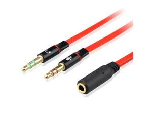 3.5mm 4 Position TRRS Female to 2 3-Pole Male Gold Plated Headphone Mic Audio Y Splitter Flat Cable - 8 inch,Red