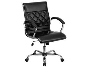 Mid-Back Designer Black Leather Executive Swivel Chair with Chrome Base and Arms Mid-Back Designer Black Leather Executive Swivel Chair with Chrome Base and Arms