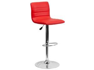 Contemporary Red Vinyl Adjustable Height Barstool with Horizontal Stitch Back and Chrome Base