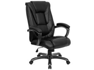 High Back Black Leather Layered Upholstered Executive Swivel Chair with Smoke Metal Base and Padded Arms High Back Black Leather Layered Upholstered Executive Swivel Chair with Smoke Metal Base and Padded Arms