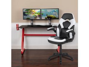 Red Gaming Desk and White/Black Racing Chair Set with Cup Holder and Headphone Hook