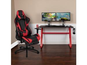 Red Gaming Desk and Red/Black Footrest Reclining Gaming Chair Set with Cup Holder and Headphone Hook