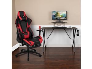 Black Gaming Desk and Red/Black Footrest Reclining Gaming Chair Set with Cup Holder, Headphone Hook, & Monitor/Smartphone Stand