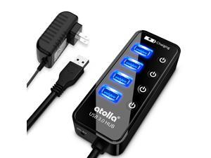 Atolla 4 Port USB Hub-SuperSpeed USB 3.0 Hub- 1 USB Charging Port-On Off Switch-with AC Power Adapter- Powered USB Splitter