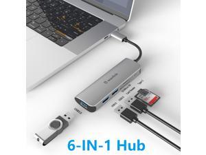 Wavlink Aluminum 6 Ports USB C Hub Powered 65W Charging, Mini USB 3.0 Hub for Laptop with 10.5cm/0.35ft Cable, 3xUSB 3.0, 1xUSB C, 1xSD/TF Card Reader, for Mac, Windows, Surface Pro, XPS, Mobile Phone