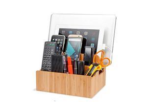 MobileVision Bamboo Charging Station Stand & Multi Device Organizer Charging Dock w/ Extension Compartments for Desktop Storage Smartphones & Tablets